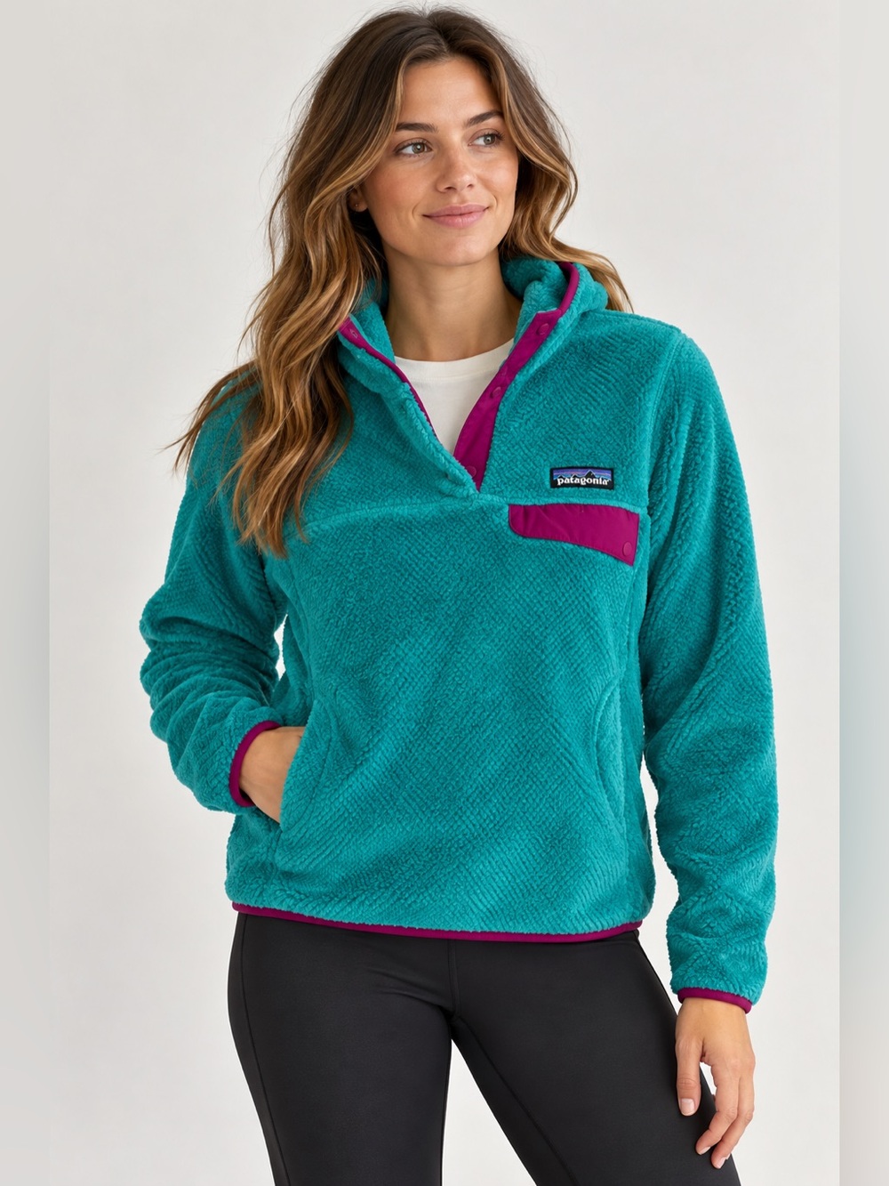 Patagonia Teal Fleece Hooded Pullover with Magenta Trim